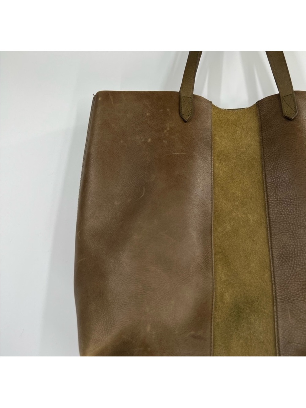 Madewell Transport Tote Moss Green Leather Suede Stripe Bag Purse - Picture 2 of 5